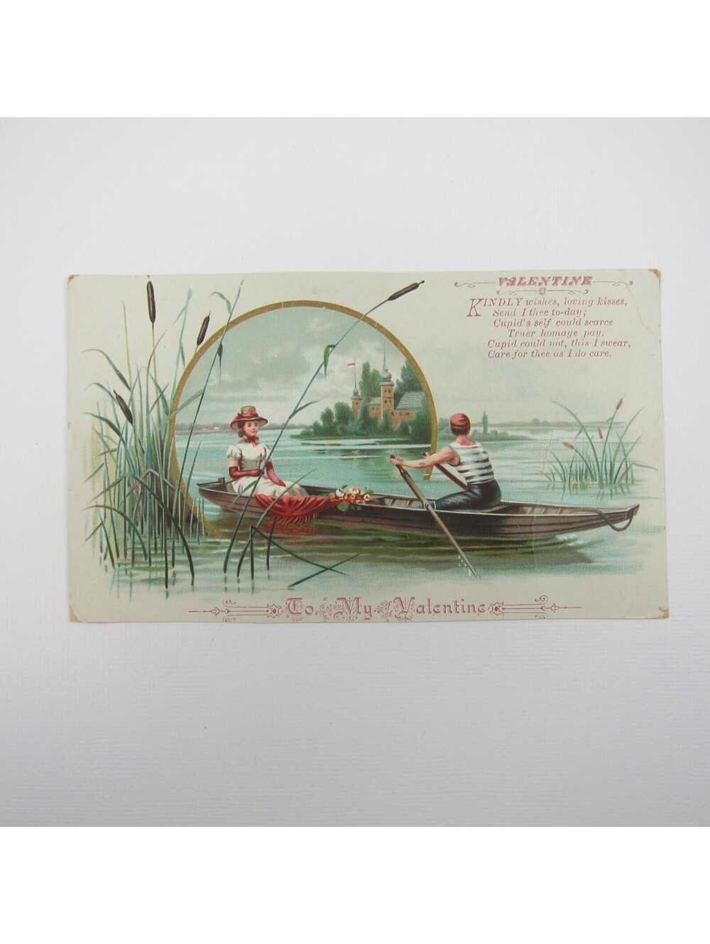 Valentine Card 1910s Lady Straw Hat Gondola Row Boat Ride Lake Reeds Antique